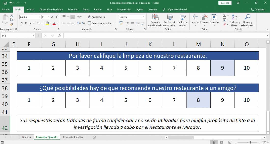 Encuesta de calidad para restaurantes en Excel