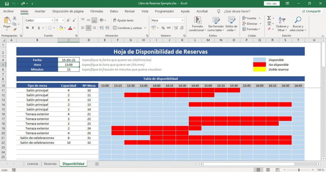 Hoja de reservas para restaurantes en Excel