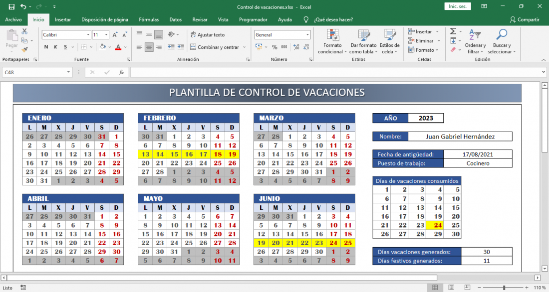 Plantilla Excel para control vacaciones empleados