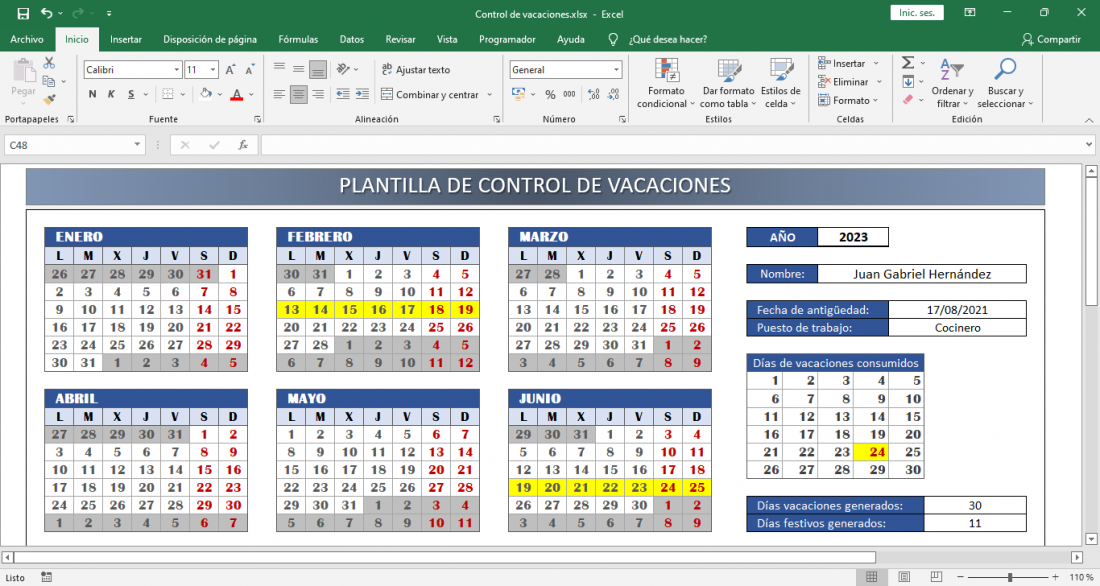 Control de vacaciones para empleados Plantilla Excel