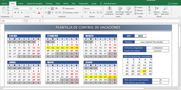Plantilla Excel para control vacaciones empleados