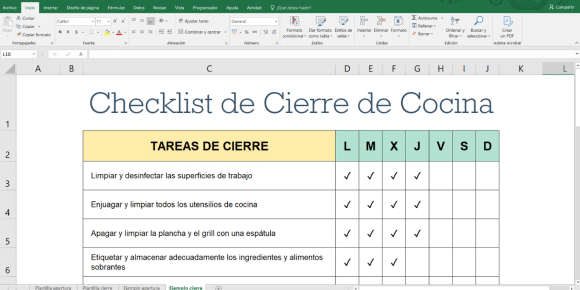 Checklist de tareas de cocina en excel