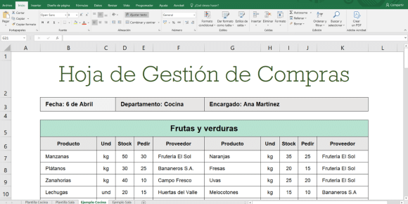 Hoja de gestión de compras (cocina y sala)