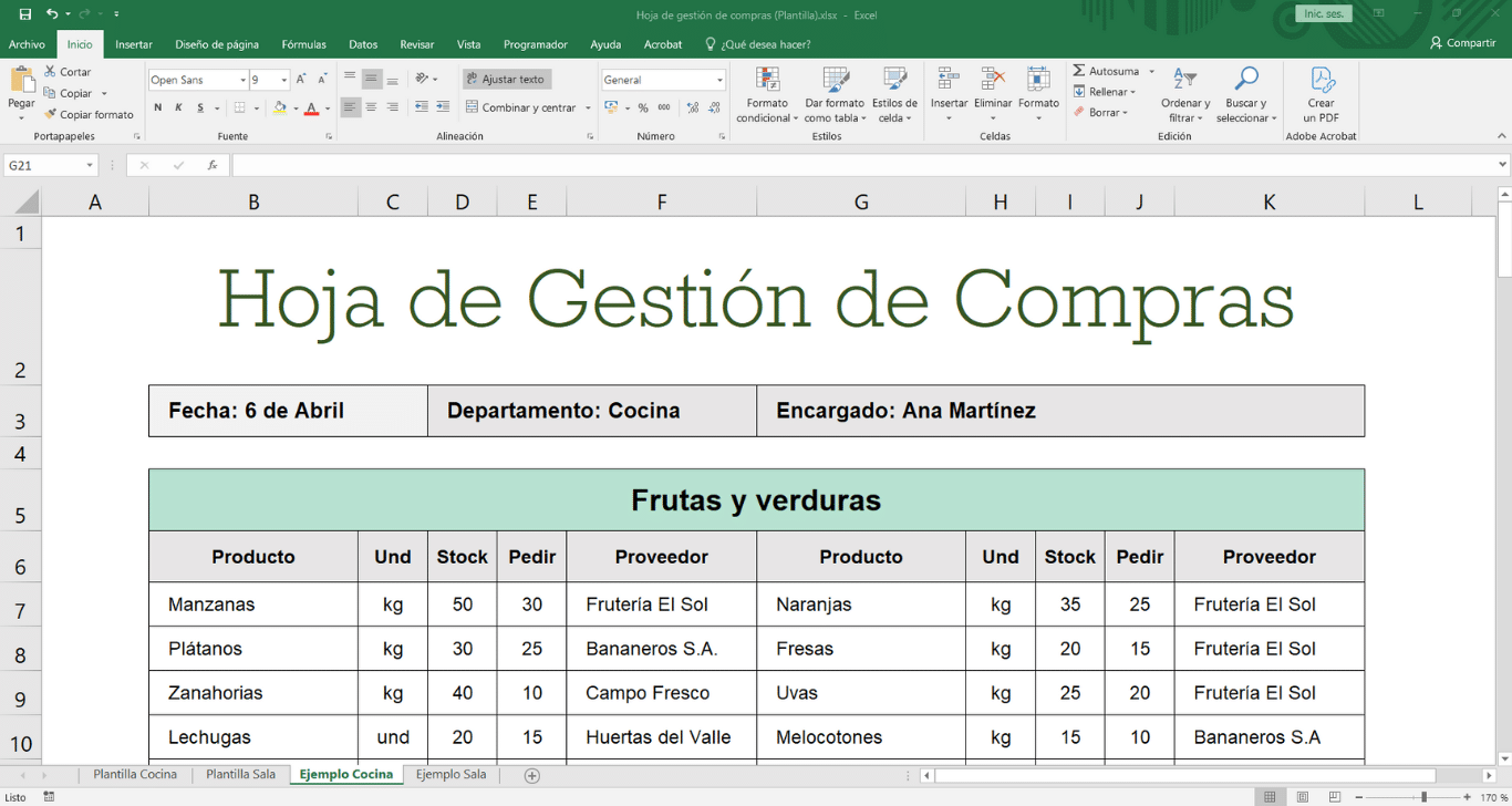 Hoja de gestión de compras (cocina y sala)