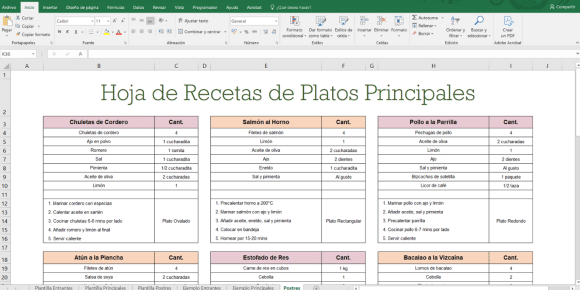Hoja de recetas por sección