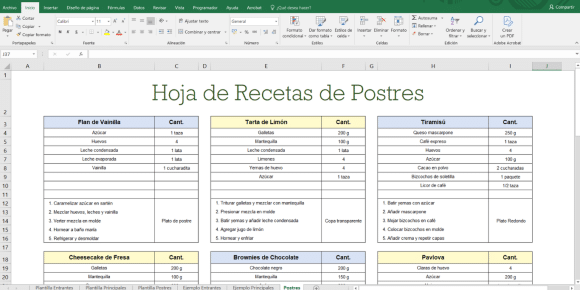 Hoja de recetas postres