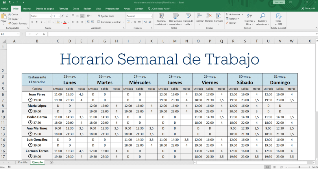Plantilla horarios restaurante