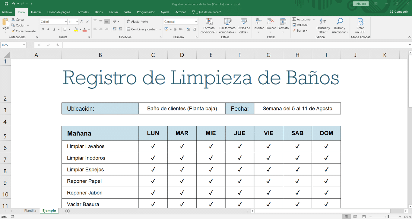 Plantilla registro limpieza baños excel
