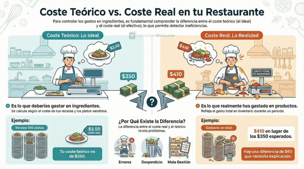 Diferencia entre coste teórico y coste real en un restaurante