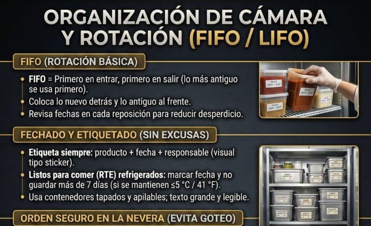 Organización de cámaras de cocina y rotación (FIFO/LIFO)